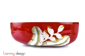 Red oval bowl hand-painted with flower/S size